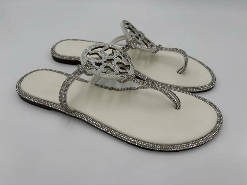 Tory Burch Women's White Rhinestone Logo Comfort Slip On Thong Sandals Size 10